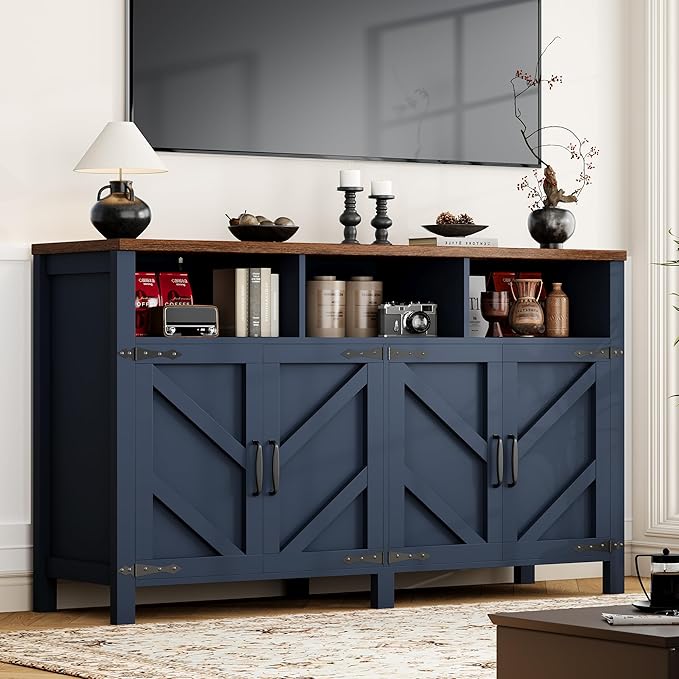 Buffet Sideboard with Storage Farmhouse with 4 Doors, 55'' Large Kitchen Storage Cabinet Wood Coffee Bar Buffet Table for Kitchen, Dining Room (Blue, 55 in)
