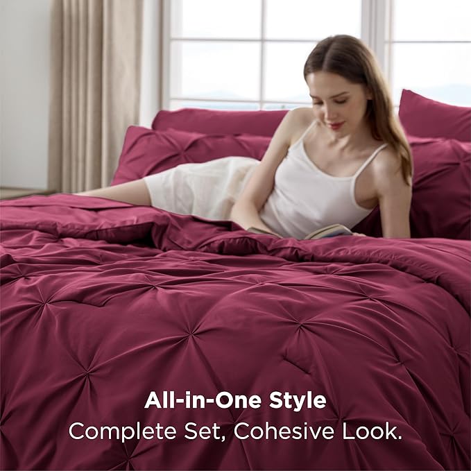 Bedsure Queen Comforter Set Burgundy - Bed in a Bag Queen Size Bedding 7 Pieces, GentleSoft™ Pintuck Bed Set Gift for Family, Pinch Pleat All Season Comforter with Sheets, Pillowcases & Shams