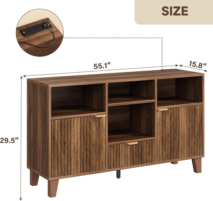 Large Round Record Player Stand with Vinyl Record Storage & Charging Station, Modern Turntable Cabinet with Power Outlet and USB Ports for Living Room and Bedroom (Walnut)