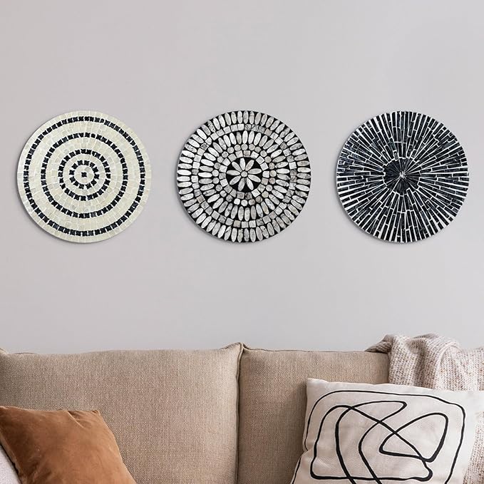 Tioncy 3 Pcs 3 Pcs 11.8 Inches Mother of Pearl Shell Plate Coastal Wall Art Mosaic Wall Sculpture Shell Handmade Hanging Plates Arts for Halloween Christmas Bedroom Bathroom Home Office Hotel(Black)