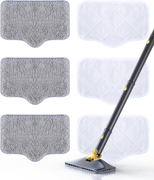 ScrubWiz Steam Mop Pads with Washable and Reusable, 6 Pack Replacement, 2 Material Types Accessories Compatible With Steamer Mop for Cleaning Floors and Carpets, White and Gray