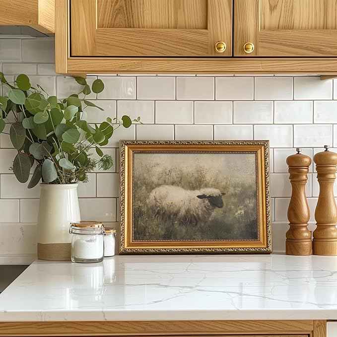 uniro Vintage Gold Framed Wall Art, Rustic Sheep Landscape Canvas Art Prints Painting, Moody Summer Countryside Sheep Pasture Picture Wall Decor, Rustic Animal Frame Art for Bedroom, Gallary, Living Room, Office, Farmhouse Cabin Decor- 11x14Inch