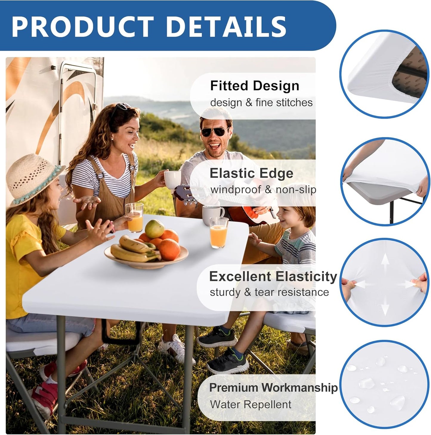 Fitted Tablecloth for 8 Foot Rectangle Tables-4 Pack Cream Elastic Outdoor Picnic Table Cover-Spandex Stretch Folding Table Cloths 8ft for Camping Dining Room Patio Kitchen Banquet Party