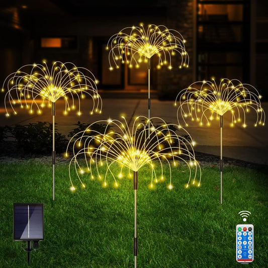 Solar Outdoor Warm White Garden Lights, 4 Pack Firework With 120 LED Starburst String 8 Modes Fairy With Remote, for Wedding Christmas, Lawn Backyard Party Patio Decoration