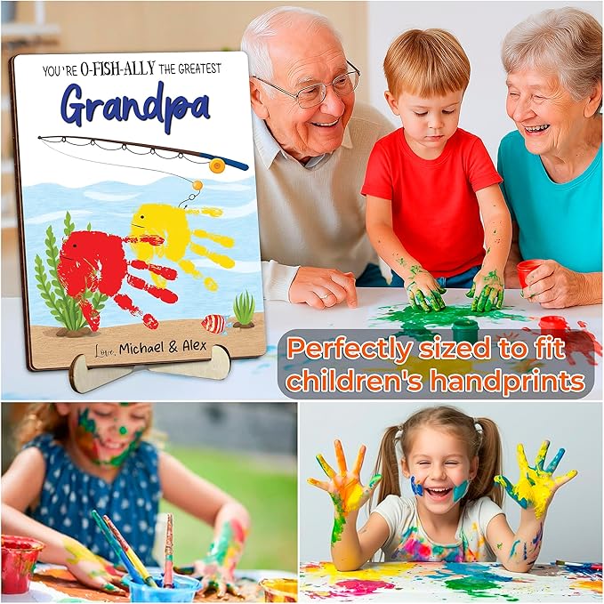 Personalized Handprint Fishing Wooden Sign Gift for Dad, Grandpa, DIY Baby Handprint Kit with Paints, Art Craft Family Keepsake, Father’s Day Birthday Gift for New Dad, Parents, Grandparents