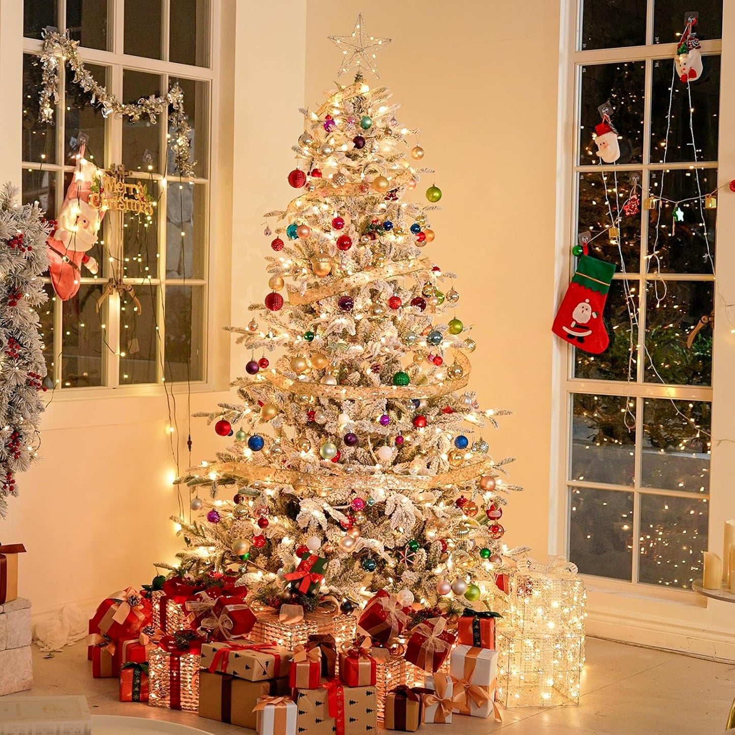 Hykolity 6 ft Snow Flocked Christmas Tree, Prelit Artificial Christmas Tree with 330 Warm White Lights, 797 PE&PVC Branch Tips, Metal Stand and Hinged Branches