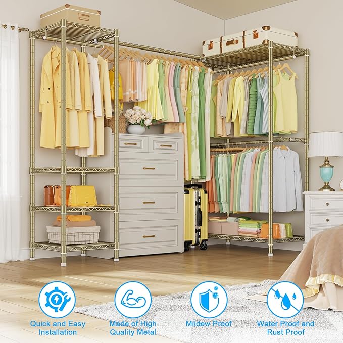 E10L L-Shaped Clothes Rack for Corner（With Expandable Hanger Rod）Heavy Duty Freestanding Clothing Racks for Hanging Clothes，Portable Garment Rack 58-82"W x 30"D x 72"H，Max Load 900LBS，Gold