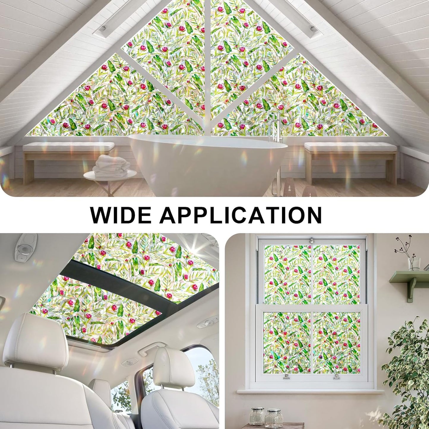 Rainbow Window Privacy Film 3D Floral Decorative Stained Glass Window Film Anti UV Non-Adhesive Reusable 17.5" x 78.7" for Home Room Car Glass Cling