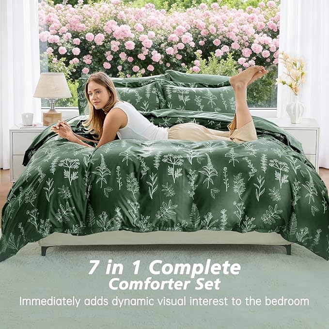 MUXHOMO Dark Green Cal King Comforter Set, Elegant Floral Print Bed in a Bag 7 Pieces, Ultra Soft & Breathable Reversible Botanical Pattern Bedding Set with Comforter, Sheets, Pillowcases, and Shams