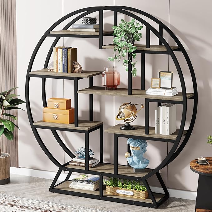 Tribesigns Bookshelf, Round Bookshelves Etagere Bookcase, 63 Inch Industrial Wood Book Shelf with Staggered Shelves, Open Shelving Organizer Rack Display Shelf for Home Office, Living Room, Grey