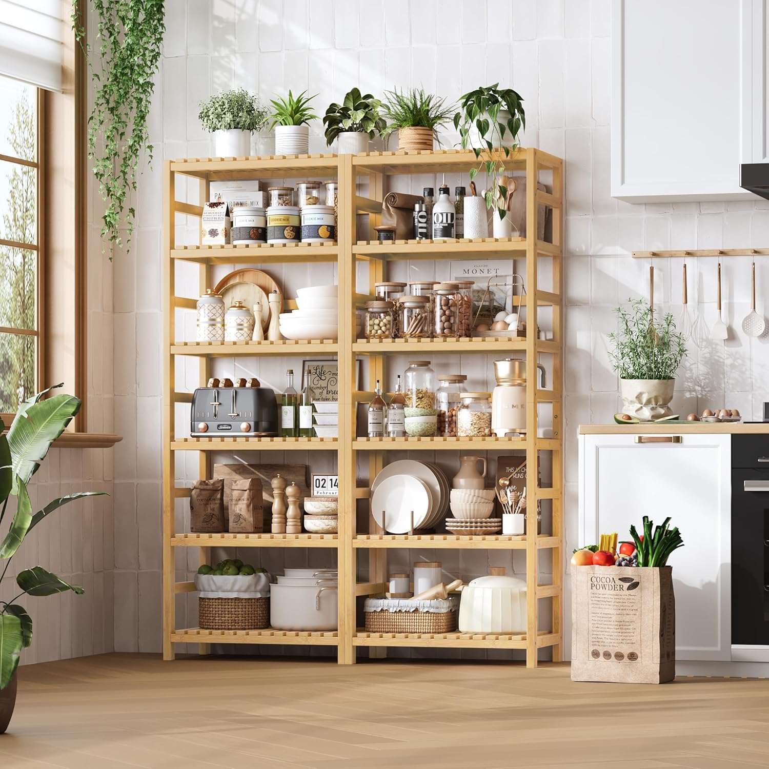FOTOSOK 6-Tier Bamboo Shelf Set of 2, Bamboo Bookcase with Adjustable Shelves, Free Standing Storage Shelf Unit and Plant Flower Stand, Tall Large Bookshelf for Kitchen, Bathroom, Home Office, Natural - Décor Diaries