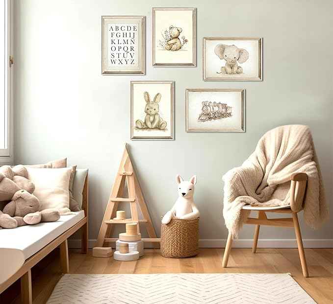 Vintage Nursery Wall Art Cute Animals Canvas Posters Prints Bear Rabbit Elephant Painting Artwork Retro Farmhouse Children's Playroom Educational enlightenment Wall Decor 8x10 Inch Unframed Set Of 5