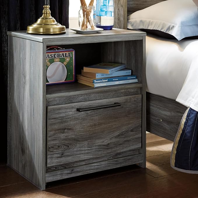 Signature Design by Ashley Baystorm Rustic Coastal 1 Drawer Nightstand with 1 Open Cubby & 2 Slim-Profile USB Charging Stations, 24.45" Tall, Smoky Gray