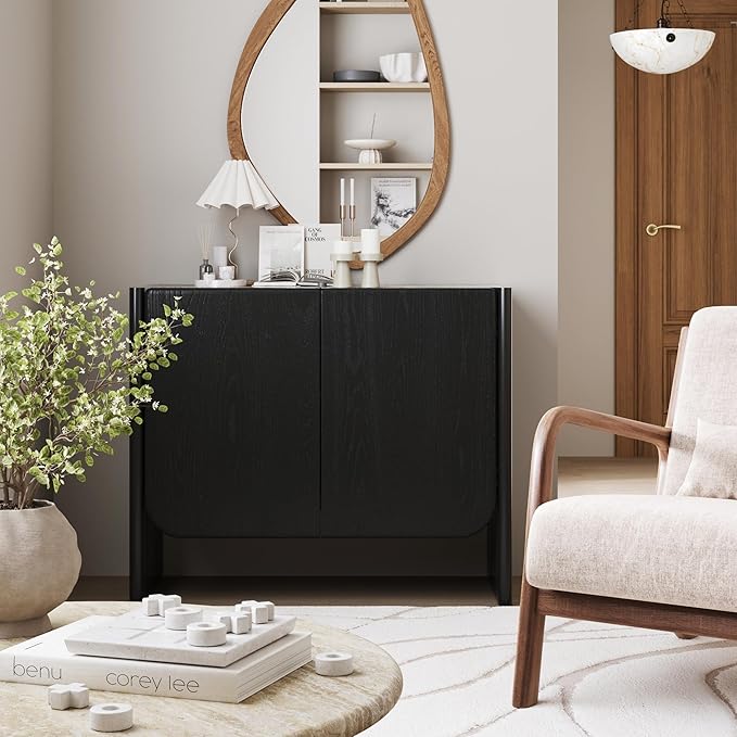 Nathan James Jacala Mid Century Modern Entryway Storage Cabinet with Doors, Living Room Accent Cabinet with Wood Frame, Black Oak