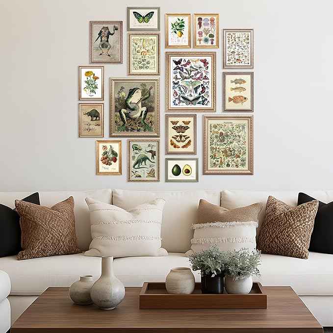 LANCHI95 16 Pcs Vintage Botanical Wall Art Set – Unframed Aesthetic Cottagecore Decor, Antique Frog, Mushroom, Butterfly & Floral Nature Prints - Gallery Wall Kit (3x 8x10", 6x 5x7", 7x 4x6") (UNFRAMED) Animal 2