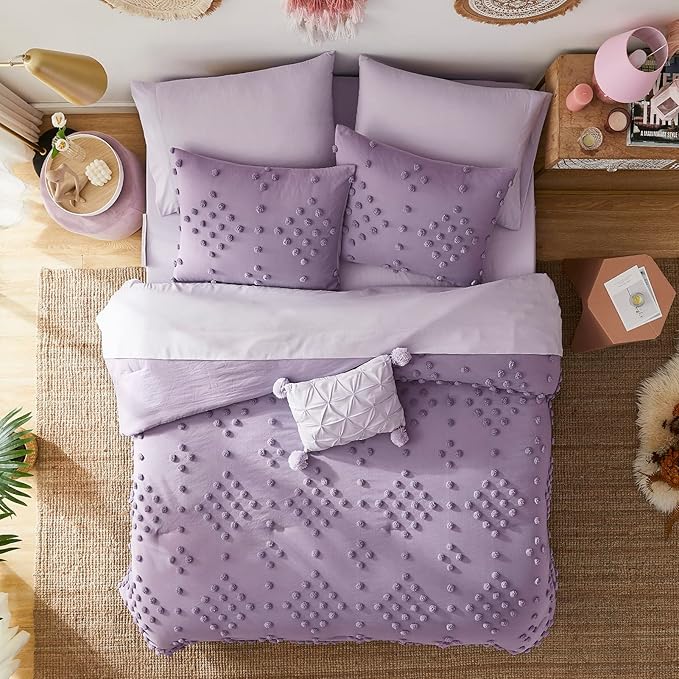 Geniospin Purple Queen Comforter Set for Girls- 7 Pieces Pom Tufted Bed in A Bag Queen Bedding Sets with Sheets, Pillowcases & Shams, All Season Kids Comforter Set