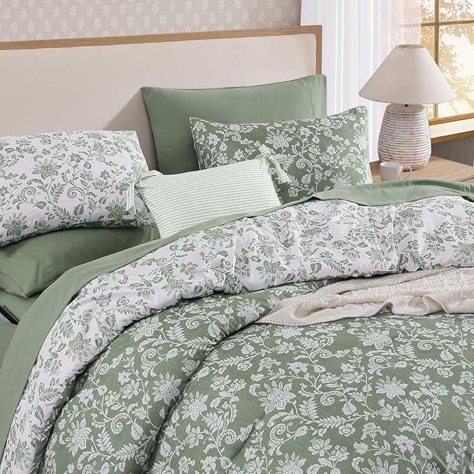 Twin XL Comforter Set -5 Pieces Floral Grey Green Bedding Set for All Seasons, Bed in a Bag with Botanical Flowers Comforter, Sheets, Pillowcase & Sham