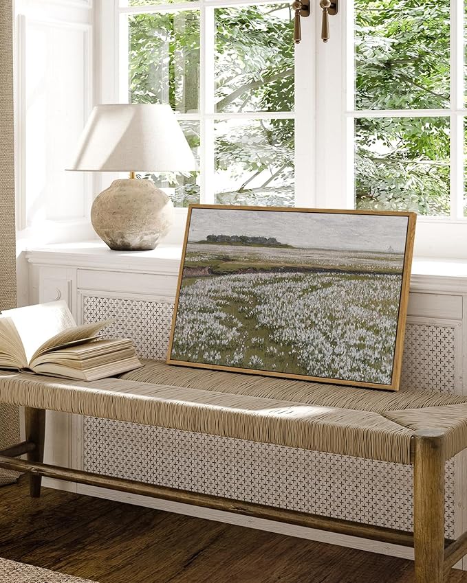 InSimSea Framed Canvas Wall Art Vintage Decor, Classical Grassland Paintings Large Wall Art, Meadow Full of Flowers Pictures for Living Room Farmhouse Bathroom Decor, 16"x24"