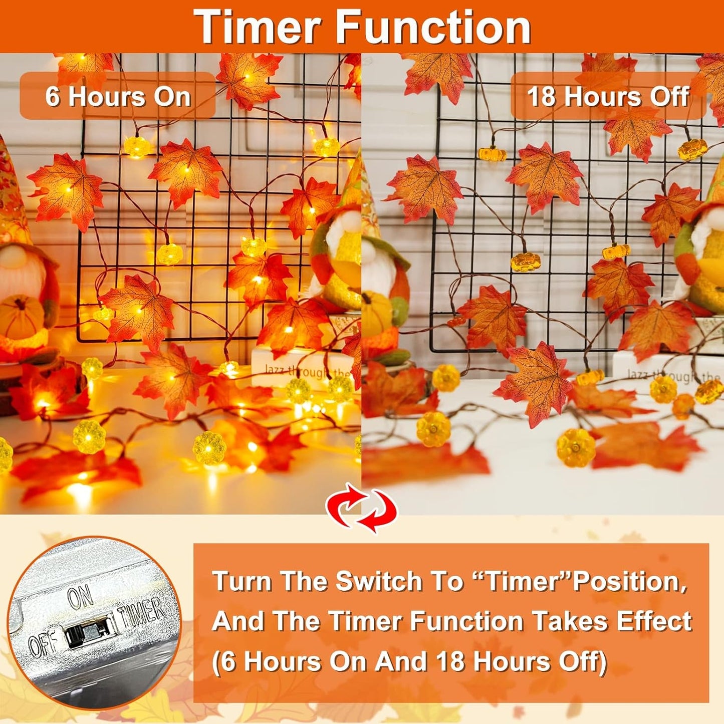 2 Pack & Timer - Fall Garland with Pumpkin Lights Halloween Fall Decor for Home 60LED 20Ft Enlarged Maples Leaves Halloween Garland Lights Indoor Battery Operated Thanksgiving Decor Wedding Christmas