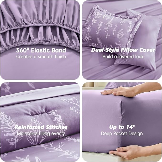 MUXHOMO Grayish Purple Bed in a Bag Queen 7 Pieces, Queen Comforter Set Reversible Botanical Flowers Design, Ultra Soft & Breathable Bedding Sets with Comforter, Sheets, Pillowcases & Shams