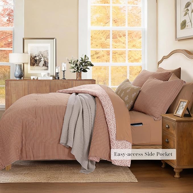 King Comforter Set - 7 Pieces Autumn Leaf Gauze Muslin Bedding Sets for All Seasons, Lightweight Breathable Bed in a Bag King with Revesible Farmhouse Comforter, Sheets, Pillowcases & Shams
