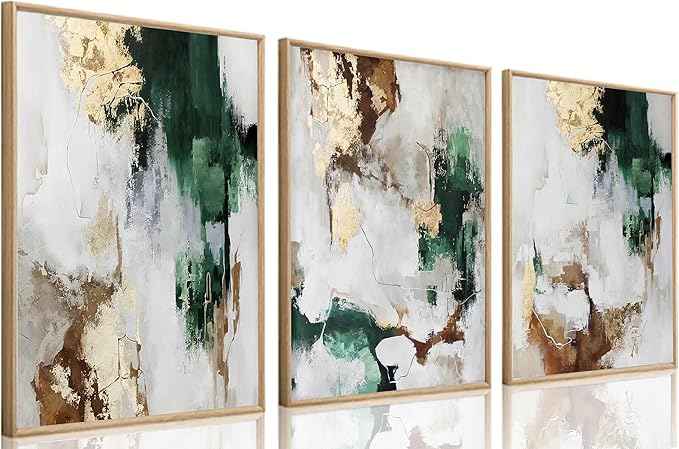 3Pcs Green and Gold Canvas Wall Art Abstract Posters Print Brown Abstract And Gray Line Pictures Decor for Living Room Bedroom Bathroom Home Decoration Unframed