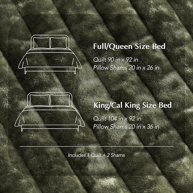 EVERGRACE Velvet Quilt Set King Size, Luxurious Soft Striped Channel Bedding Set, Lightweight Velvet Comforter for All Season, Oversized Bedspread Coverlet with 2 Matching Shams, Olive Green