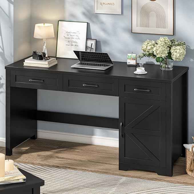 Vabches Farmhouse 55" Executive Desk,Computer Desk with 3 Drawers and Storage Cabinet,Home Office Desk for Work and Study. Pure Black