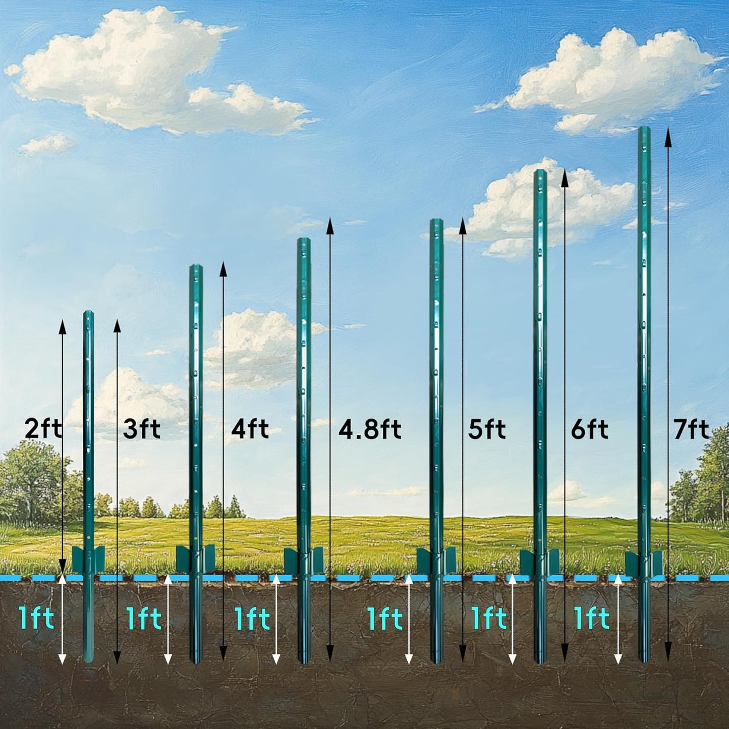 ARIFARO Fence Posts 4 Feet Sturdy Duty Metal Fence Post, Pack of 10, No Dig Garden U Post for Wire Fencing Steel Post for Yard, Outdoor Wire, FP-4FT