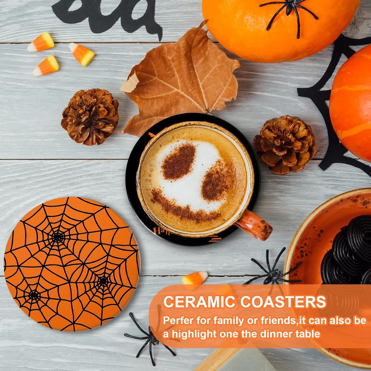 4Pcs Halloween Coasters Orange Black Round Ceramic Coaster Trick or Treat Heat-Resistant Cup Mats for Wooden Table Protection Home Party Supplies