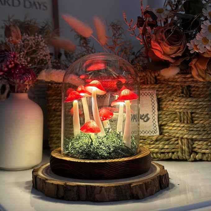 Mushroom Lamp, Decor LED Light in Glass Dome with Base for Home Bedroom Decor Birthday with Birthday Valentines Anniversaries Gifts Box (red)