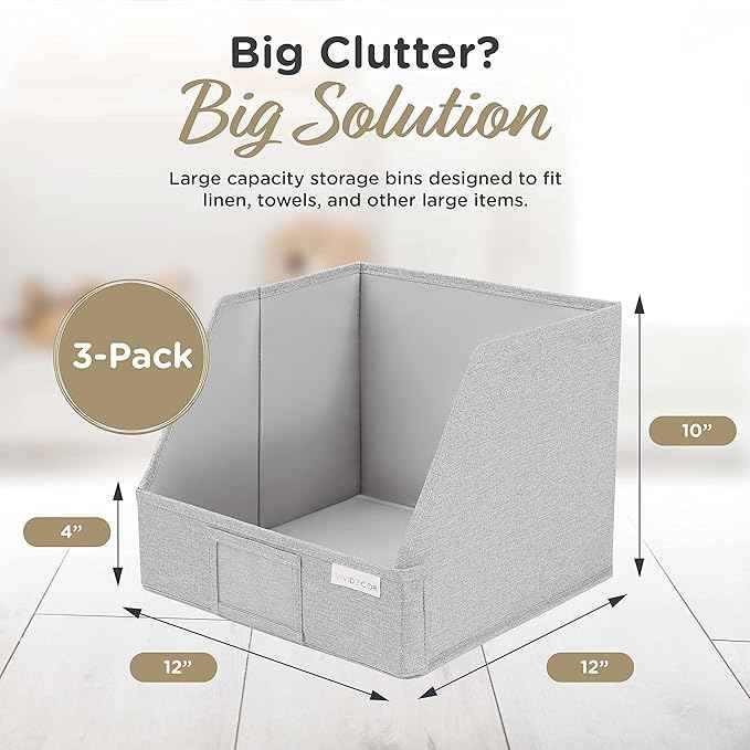 Trapezoid Closet Bins for Shelves – 12x12x10 Fabric Storage Baskets, Closet Organizers Bins, Open Front Fabric Baskets, Collapsible Organizer Boxes for Clothes, Linen – Light Gray, 3 Pack