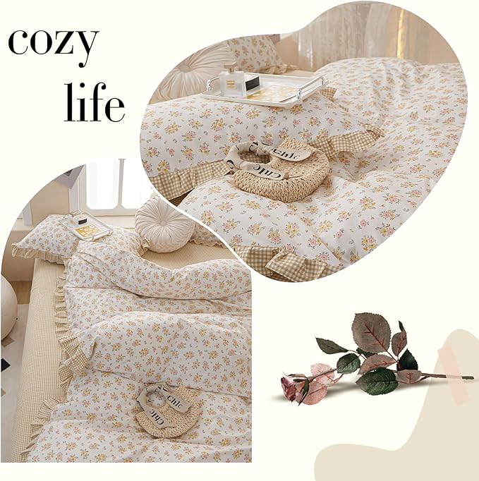 Ruffle Comforter Set Queen Vintage Rose Flower Comforter 3 Pieces Romantic Floral Bedding Set Queen Fluffy Soft Flowers Botanical Comforter Set 1 Flower Ruffled Comforter with 2 Lace Pillowcases