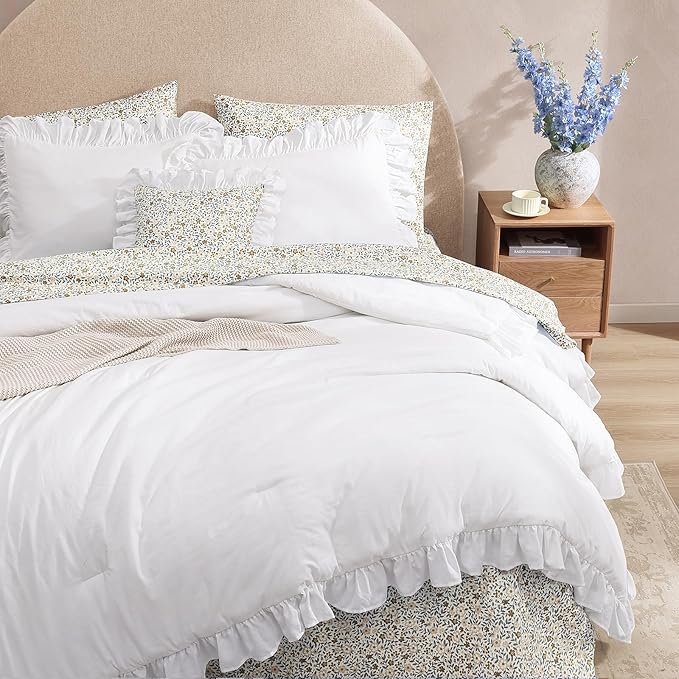 Queen Comforter Set - 7 Pieces Ruffle White Bedding Sets, Shabby Chic Farmhouse Bed in a Bag Queen with Ruffle Comforter, Floral Sheets, Pillowcases & Shams
