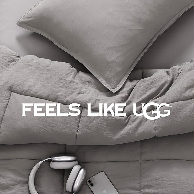 UGG Leonora Comforter Set with 1 Pillow Sham Lightweight Down Alternative Blanket Reversible All Season Washable and Hypoallergenic Bedding Set for College Dorm, Twin/Twin XL, Light Grey