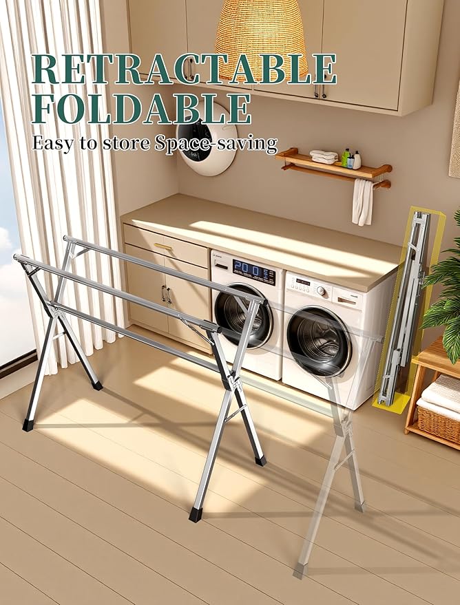 79 Inches Heavy - Duty Stainless Steel Folding Clothes Drying Rack Clothing Indoor Outdoor Anti-Rust 20 Windproof Hooks Portable & Foldable Laundry Rack (79'')