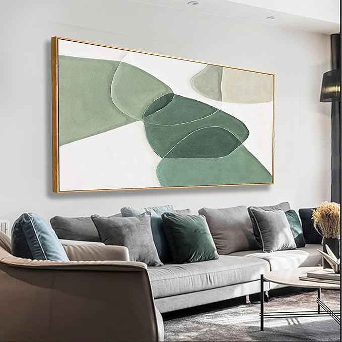 Framed Wall Art Canvas Artwork Green And White Geometric Color Block Line Art Canvas Paintings Wall Decor Modern Home Bedroom Art Office Decor 20"X 40" Framed Ready To Hang
