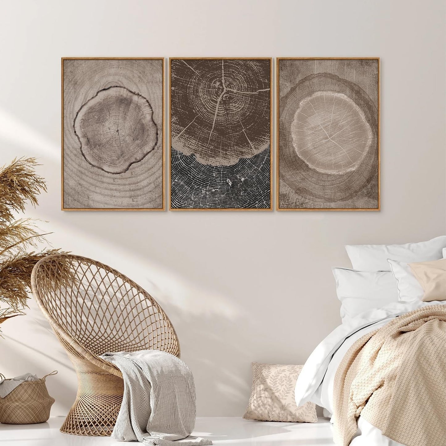 SIGNINART Beige Tree Ring Framed Canvas Wall Art Set, Abstract Black and White Rustic Wood Wall Decor, Neutral Wood Stump Artwork, Modern Art Prints for Bedroom Living Room Office 16"x24"x3