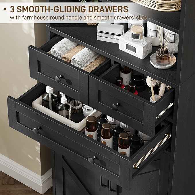 Vabches Farmhouse Bathroom Cabinet, 70" Tall Bathroom Storage Cabinet with 3 Drawers, Adjustable Shelves & Doors, 3 Tier Wood Cabinets for Bathroom, Living Room, Kitchen, Rustic Black
