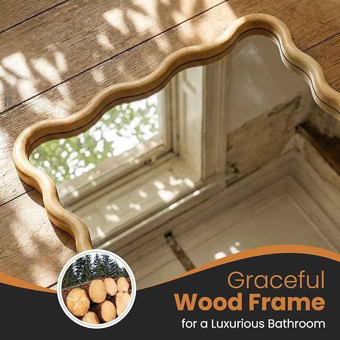 Wavy Mirror for Wall, 55"x28" Boho Wavy Wood Mirror Large Full Length Decorative Mirror with Tempered Glass, Natural Wooden Frame Vanity Mirror for Bedroom, Living Room, Entryway