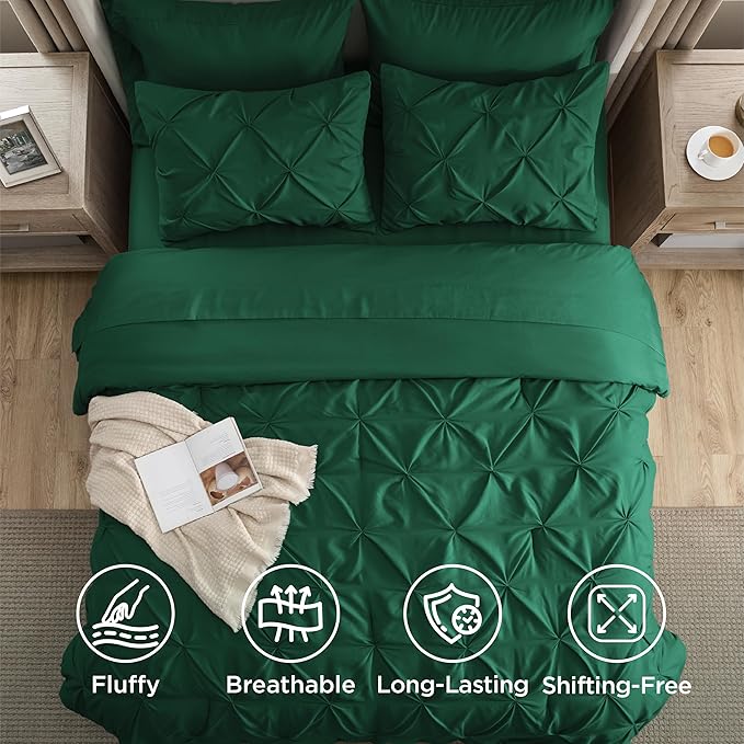 Bedsure Queen Comforter Set Dark Green - Bed in a Bag Queen Size Bedding 7 Pieces, GentleSoft™ Pintuck Bed Set Gift for Family, Pinch Pleat All Season Comforter with Sheets, Pillowcases & Shams