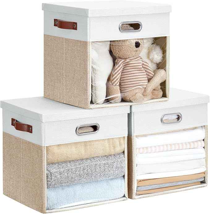 Fabric Storage Cubes with Clear Windows and Lids, 13'' Foldable Storage Bins with 3 Handles, Decorative Storage Boxes for Home, Bedroom, Closet, Office (Beige & White)