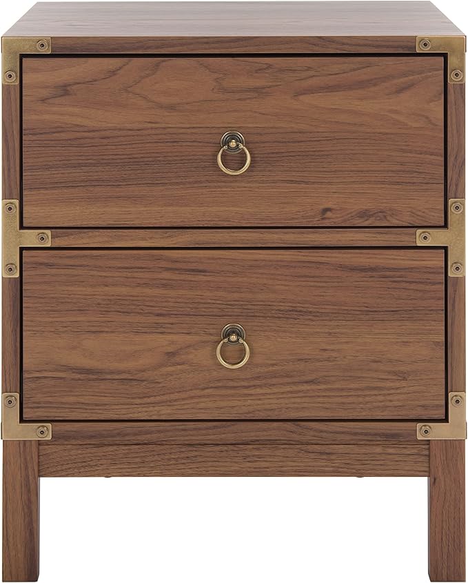 SAFAVIEH Home Collection – Galio Walnut & Gold 2-Drawer Nightstand, Vintage-Inspired Bedside Table with Storage for Bedroom (NST9600A)