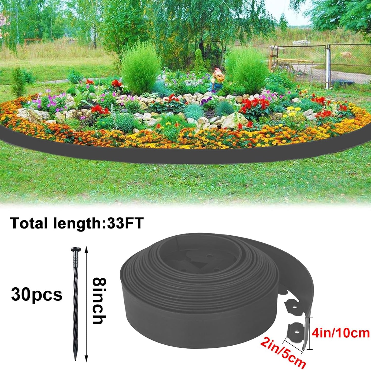 Landscape Edging 33 FT with 30 Spikes, No Dig Garden Edging Border [Extra Tall 4IN High], Flexible Lawn Edging for Landscaping Flower Beds Yard Pathway (Grey)