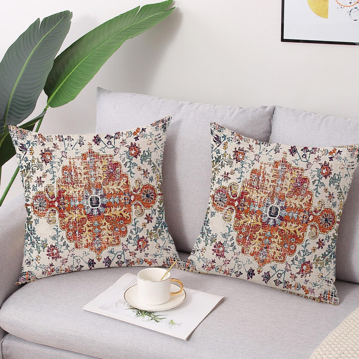 Outdoor Waterproof Pillow Covers 18x18 Inch Set of 2 Bohemian Vintage Carpet Pattern Pillow Covers Blue Burnt Orange Ethnic Design Decorative Farmhouse Couch Garden Balcony