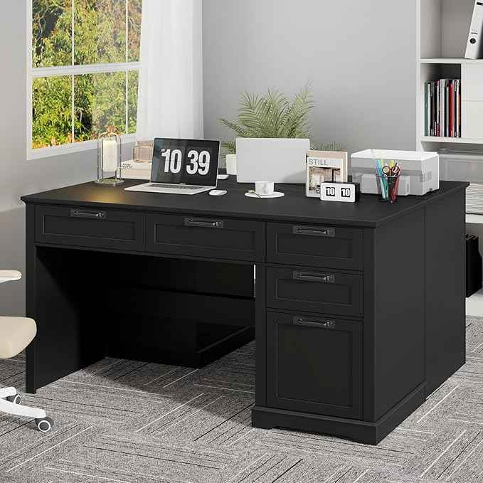 Vabches 55" Farmhouse Home Office Desk with File Drawer, Executive Computer Desk with 4 Storage Drawers, Rustic Computer Desk for Working, Studying, Writing, Black