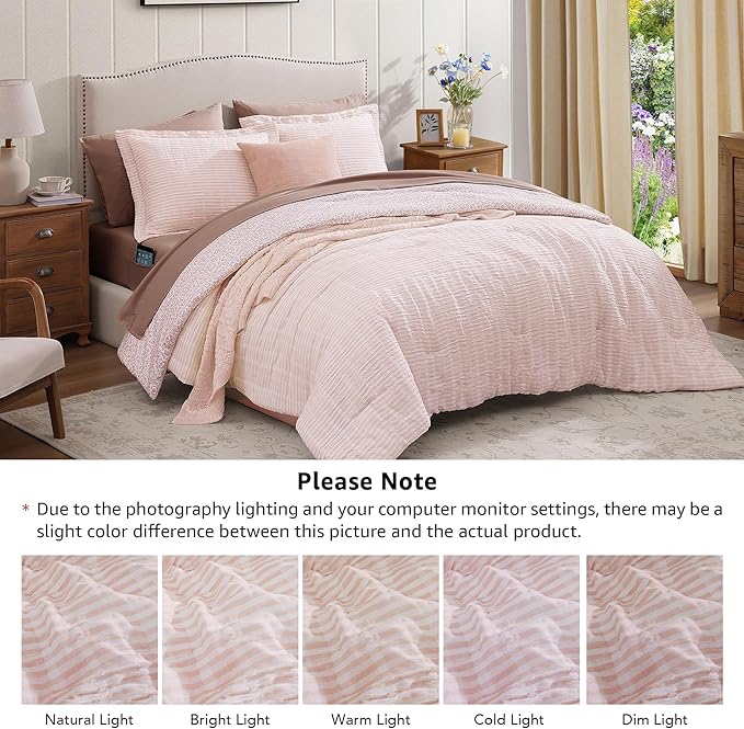 King Comforter Set - 7 Pieces Pink Gauze Muslin Bedding Sets for All Seasons, Lightweight Breathable Bed in a Bag King with Revesible Farmhouse Comforter, Sheets, Pillowcases & Shams