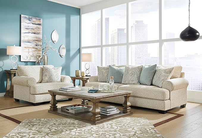 Signature Design by Ashley Monaghan Vintage Sofa with Accent Pillows, Reversible Cushions and Rolled Arms, Beige