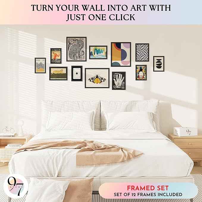 97 Decor Eclectic Wall Art Framed - Modern Maximalist Wall Decor, Unique Colorful Prints For Wall Decorations Aesthetic Pictures, Retro Framed Gallery Wall Art Set Artsy Room Posters For Home Bedroom (BLACK FRAME)