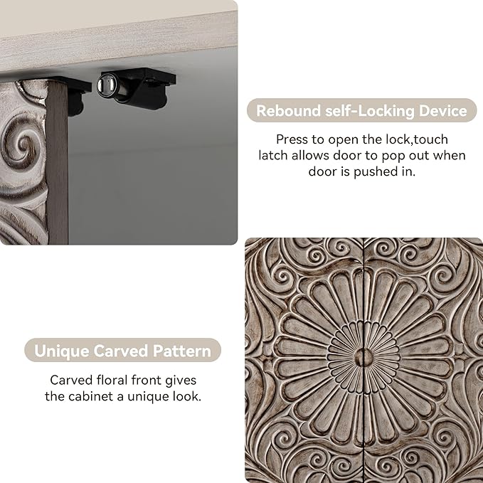 COSIEST Set of 3 32" Buffet Sideboard Cabinets with Storage, Accent Cabinet with Push-to-Open Doors, Vintage Flower Carved Pinewood Doors, Entryway Console for Living Room, Kitchen, Hallway, Gray
